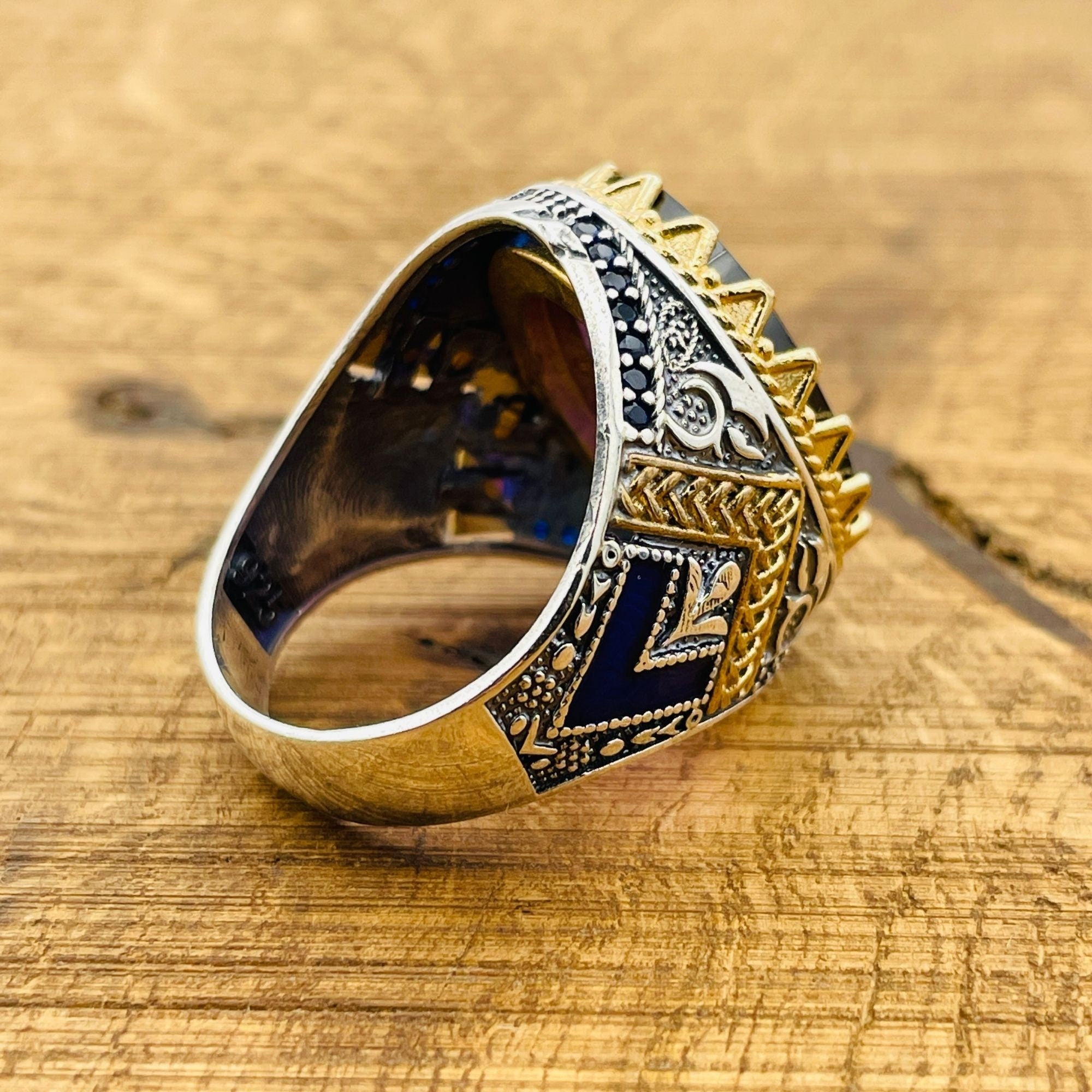 خاتم رجالي يدوي الصنع من الفضة الإسترلينية 925 على الطراز العثماني بحجر الجمشت البيضاوي - حجر كريم بنفسجي تركي