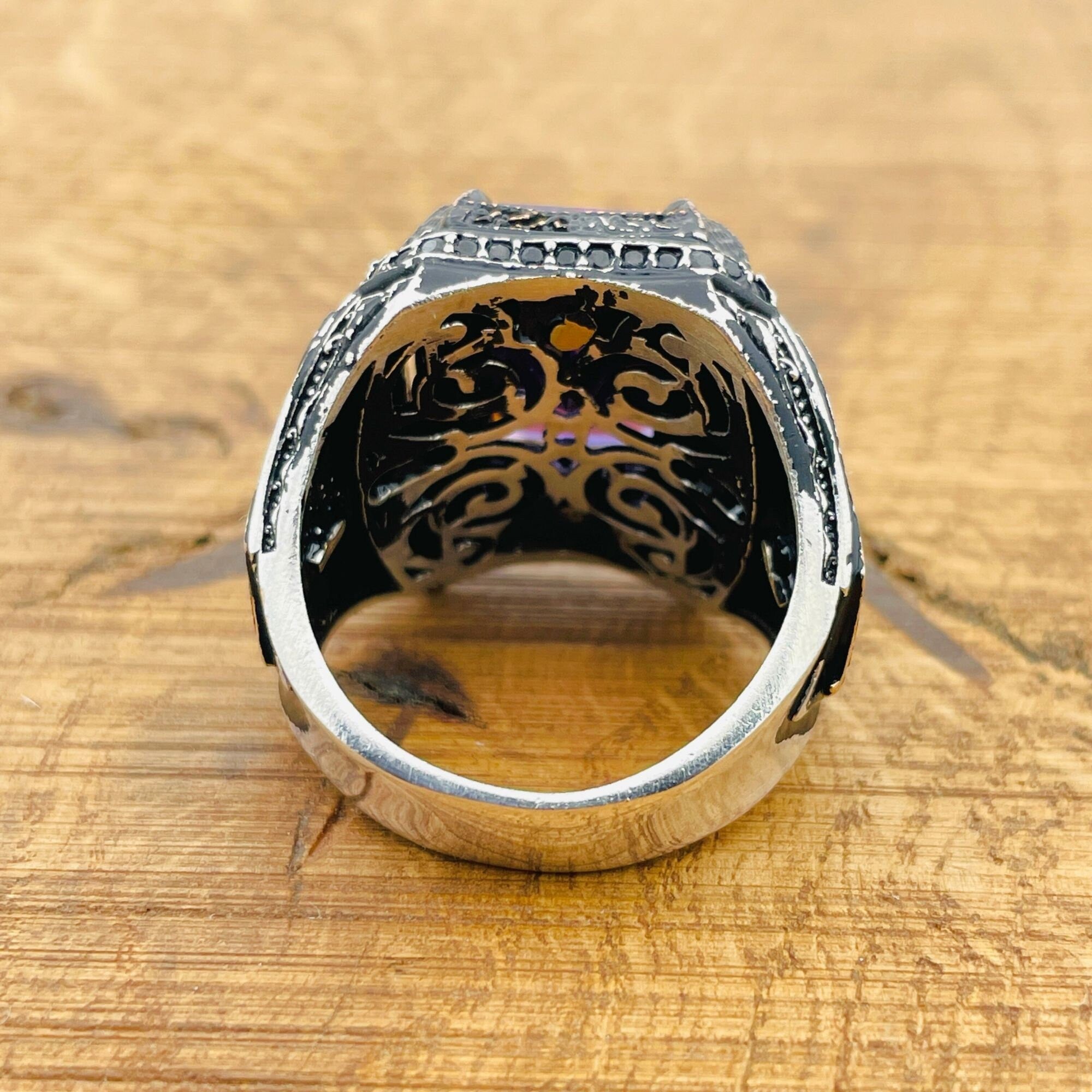 خاتم رجالي أصلي مصنوع يدويًا من الفضة الإسترلينية مع حجر الجمشت | تصميم عثماني مربع