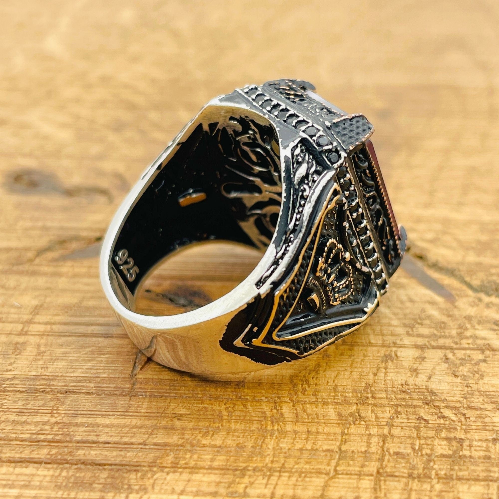 خاتم رجالي أصلي مصنوع يدويًا من الفضة الإسترلينية مع حجر الجمشت | تصميم عثماني مربع