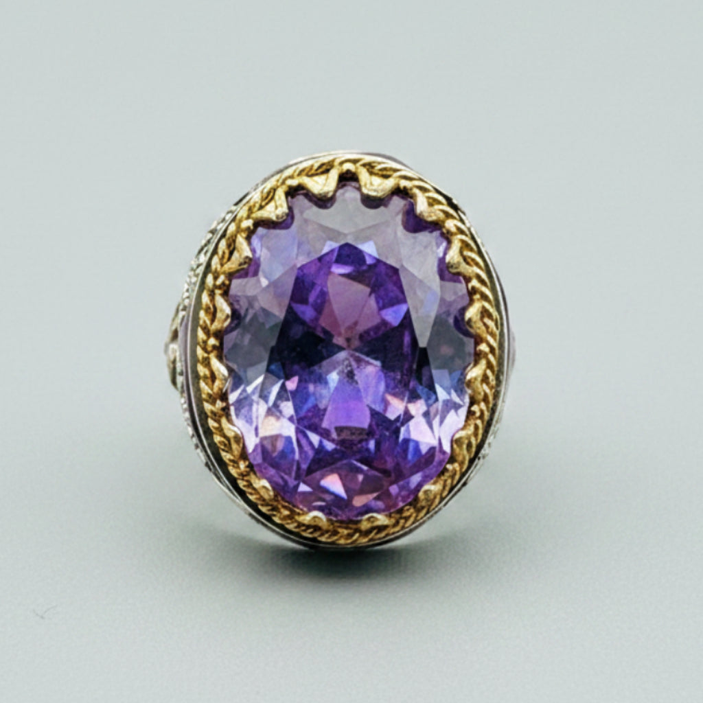 Herren handgefertigter osmanischer Sterlingsilber Amethyst Ring | Türkischer Kunsthandwerker ovaler lila Edelstein Schmuck