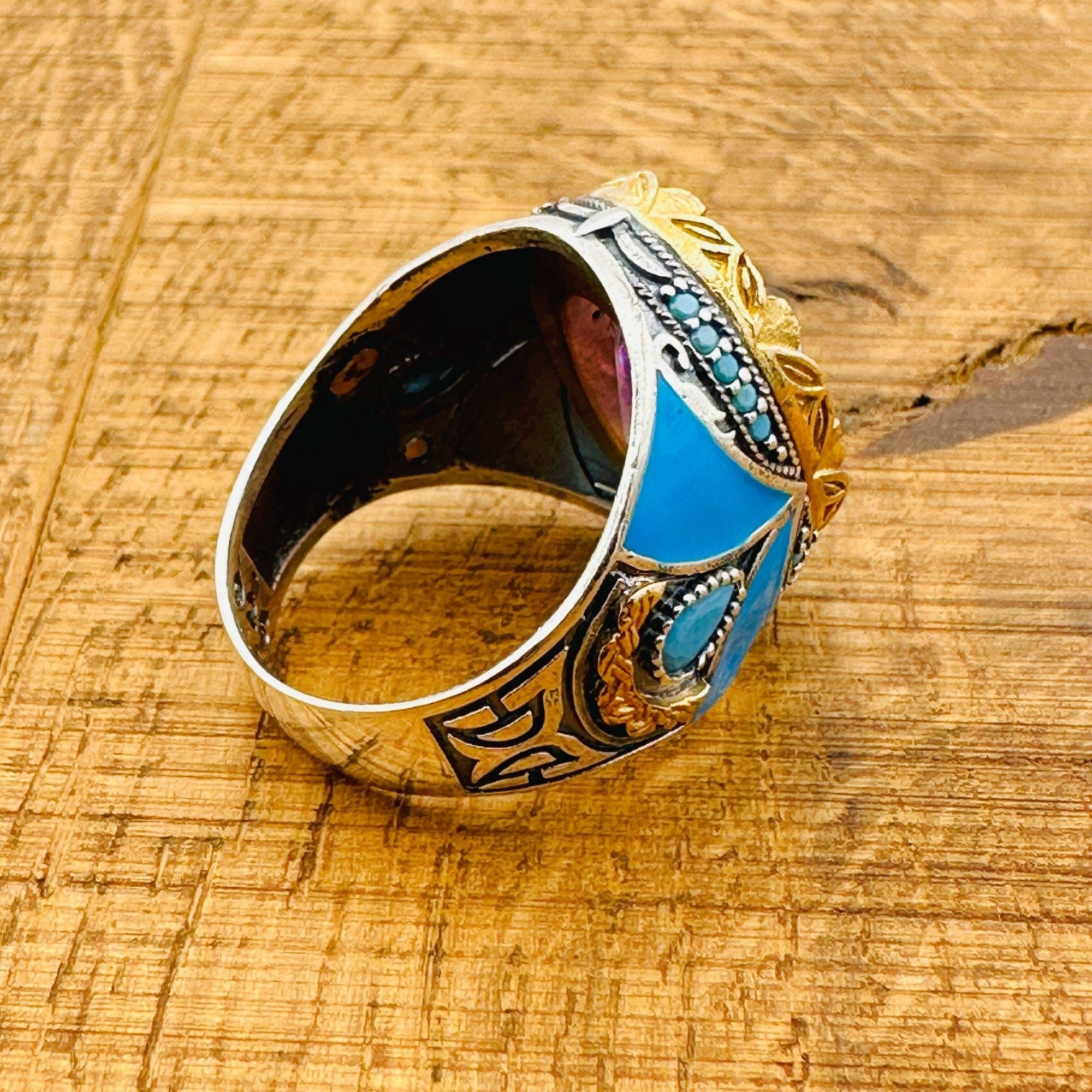 خاتم رجالي يدوي عثماني من الفضة الإسترلينية مع حجر الجمشت البيضاوي - مجوهرات حجر كريم بنفسجي تركي