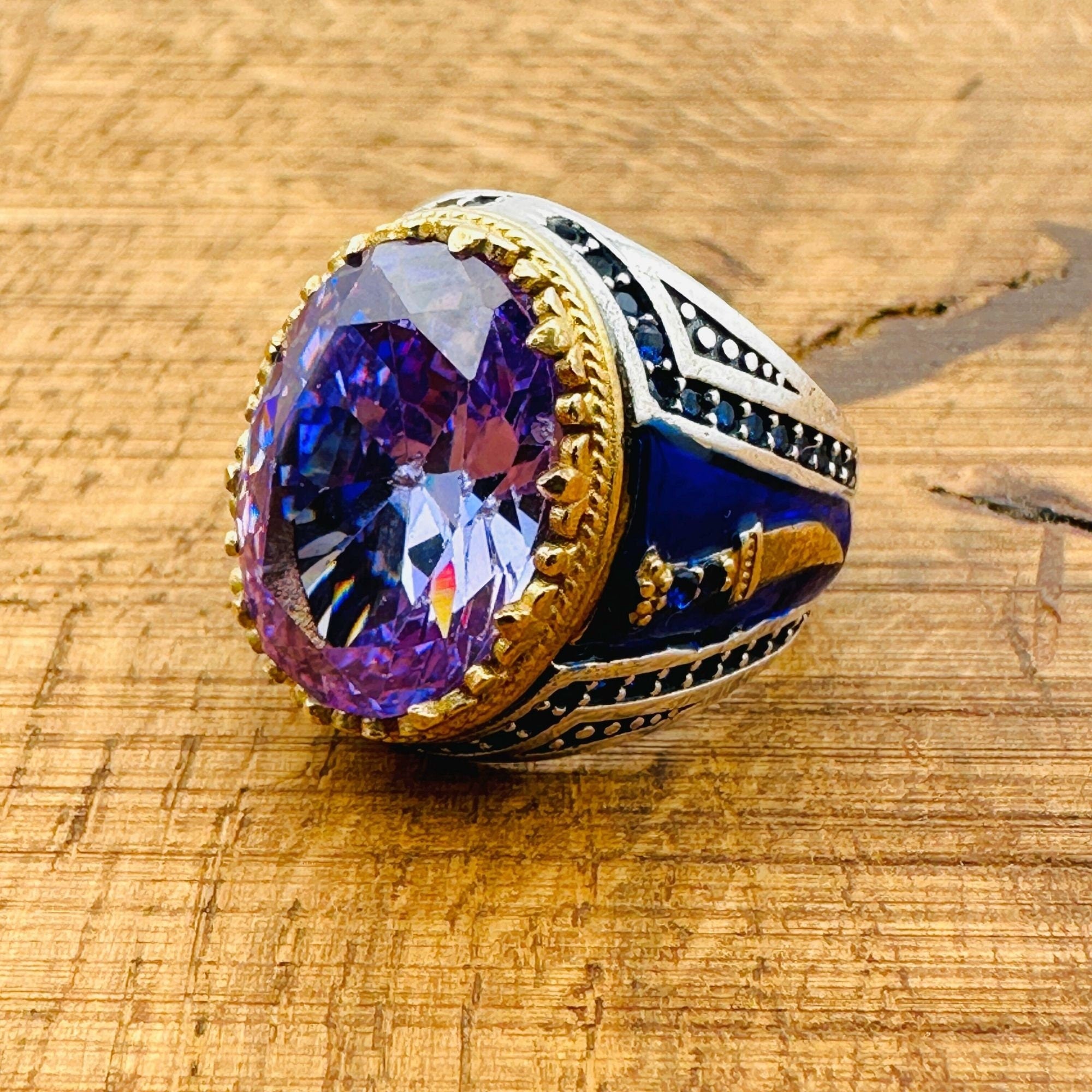 خاتم رجالي بيضاوي من الأماثيست فضة إسترليني 925 عثماني مصنوع يدويًا - مجوهرات حرفي تركي