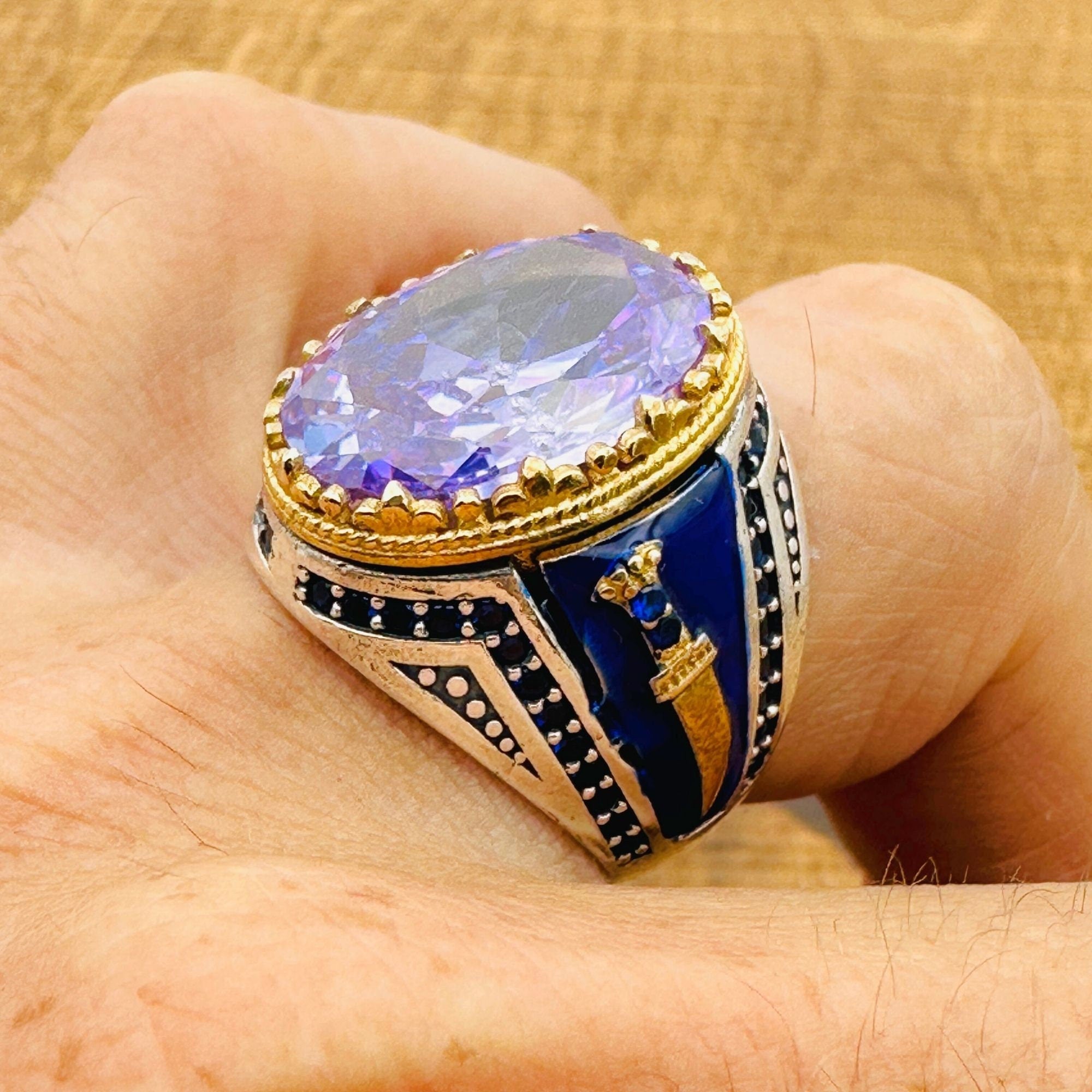 خاتم رجالي بيضاوي من الأماثيست فضة إسترليني 925 عثماني مصنوع يدويًا - مجوهرات حرفي تركي