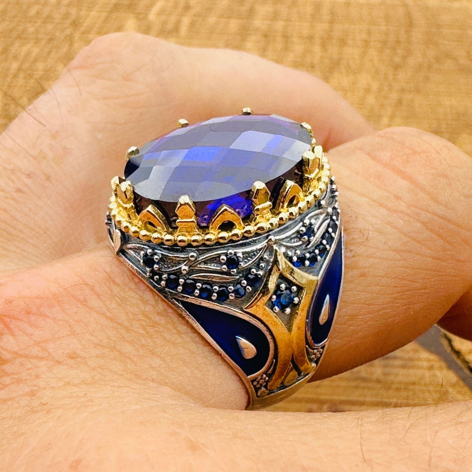 خاتم رجالي تركي يدوي الصنع من الفضة الإسترلينية 925 مع حجر الجمشت البيضاوي | مجوهرات حجرية على الطراز العثماني