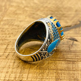 خاتم رجالي بيضاوي من حجر الأكوامارين - مجوهرات بيان فضة تركية مصنوعة يدوياً