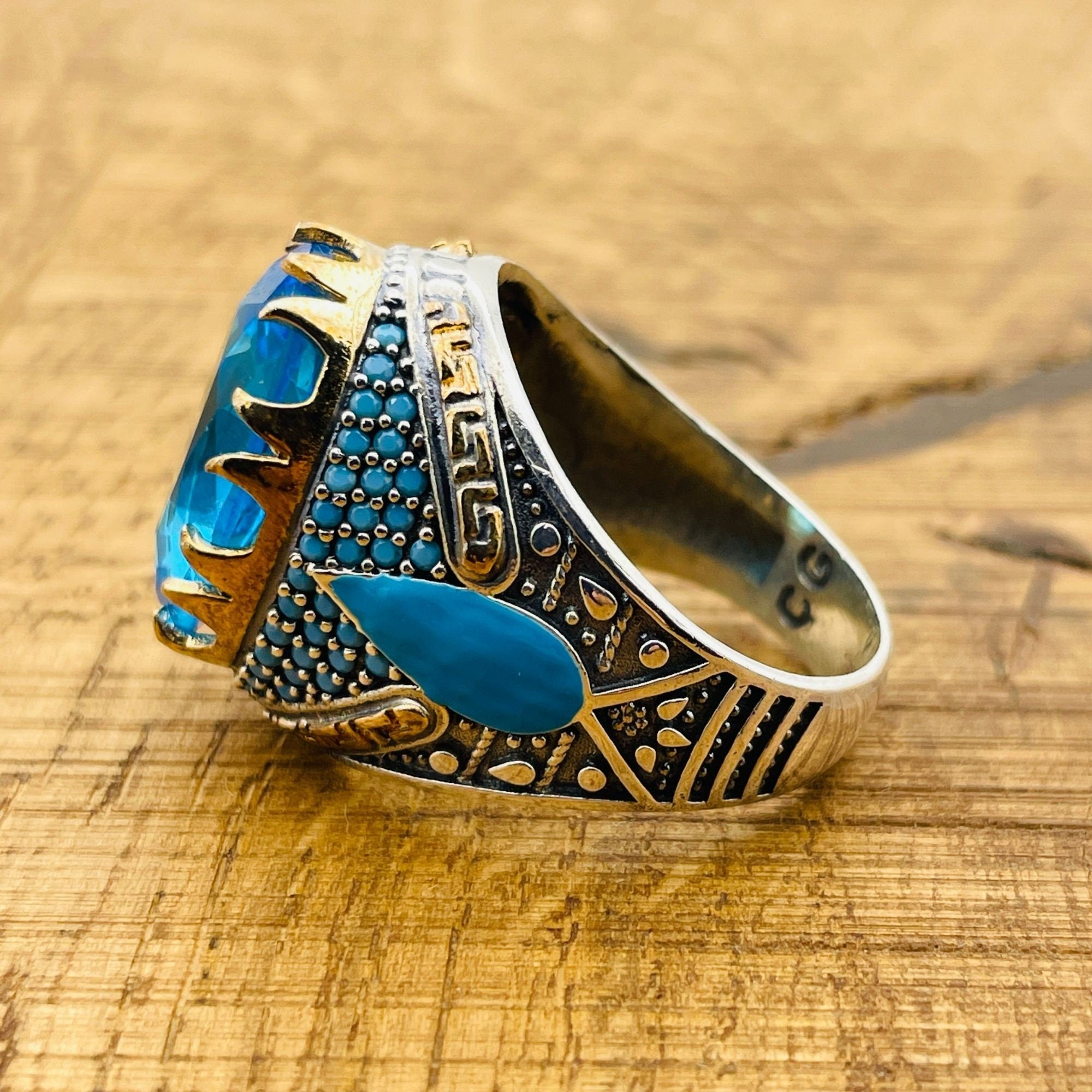 خاتم رجالي بيضاوي من حجر الأكوامارين - مجوهرات بيان فضة تركية مصنوعة يدوياً