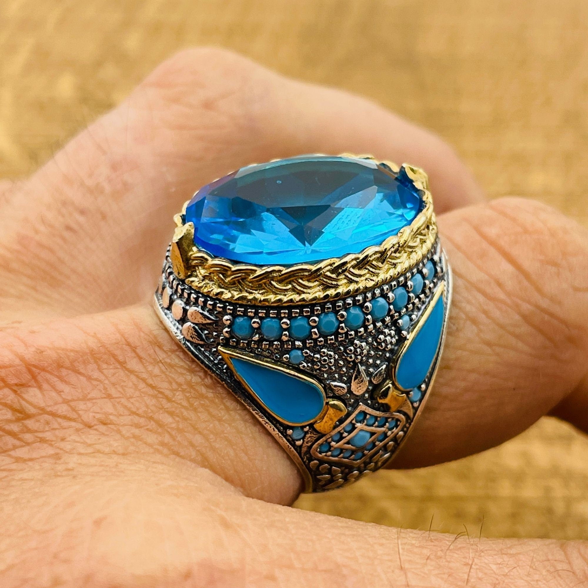 Men's Handcrafted Sterling Silver Aquamarine Oval Ring - Turkish Artisan Jewelry Gift