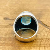 خاتم رجالي يدوي من الفضة الإسترلينية بحجر الأكوامارين البيضاوي - مجوهرات حجر كريم تركية أصلية مصنوعة يدوياً