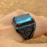 خاتم مربع من الأكوامارين للرجال مصنوع يدويًا - مجوهرات تركية من الفضة الإسترلينية 925
