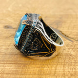 خاتم مربع من الأكوامارين للرجال مصنوع يدويًا - مجوهرات تركية من الفضة الإسترلينية 925