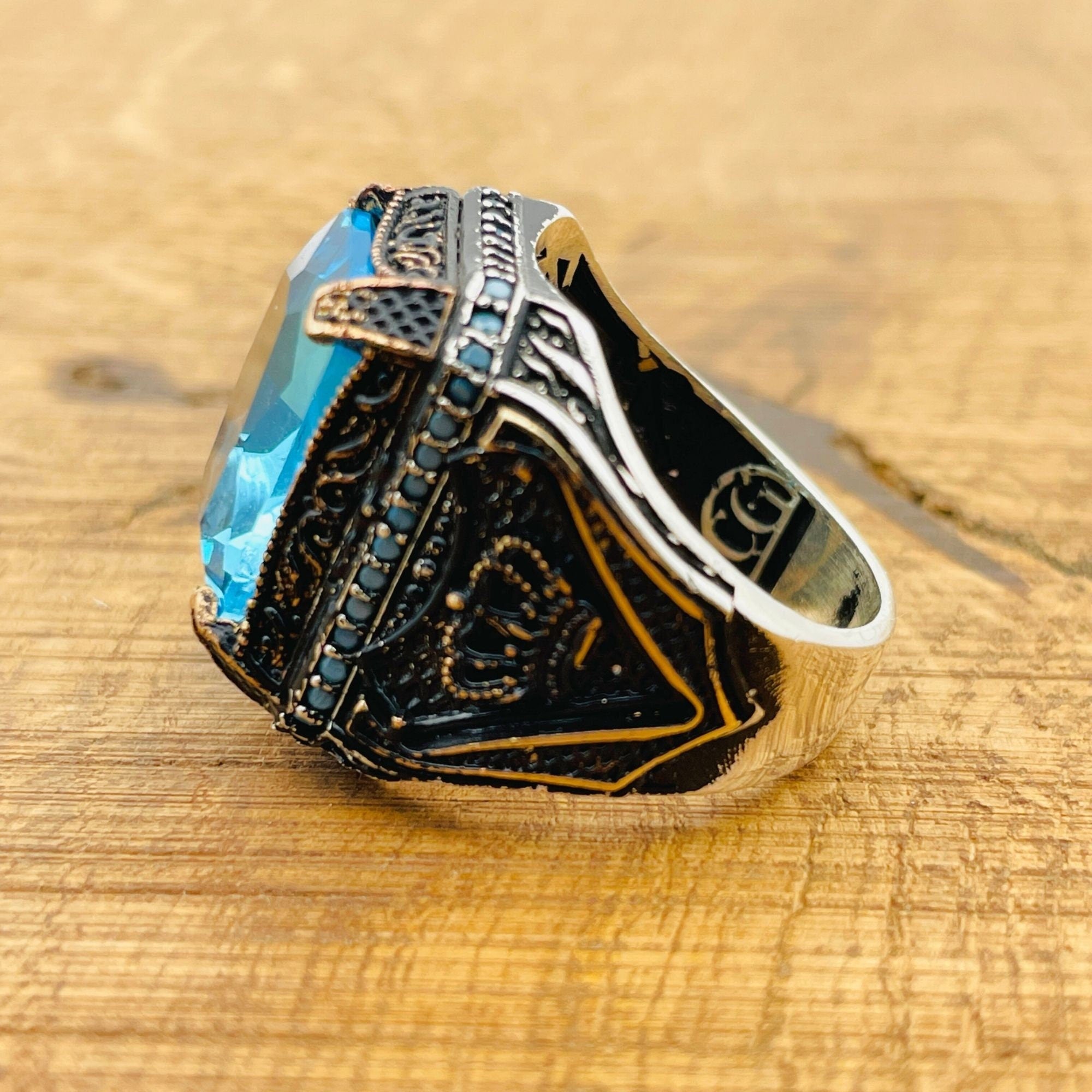 خاتم مربع من الأكوامارين للرجال مصنوع يدويًا - مجوهرات تركية من الفضة الإسترلينية 925