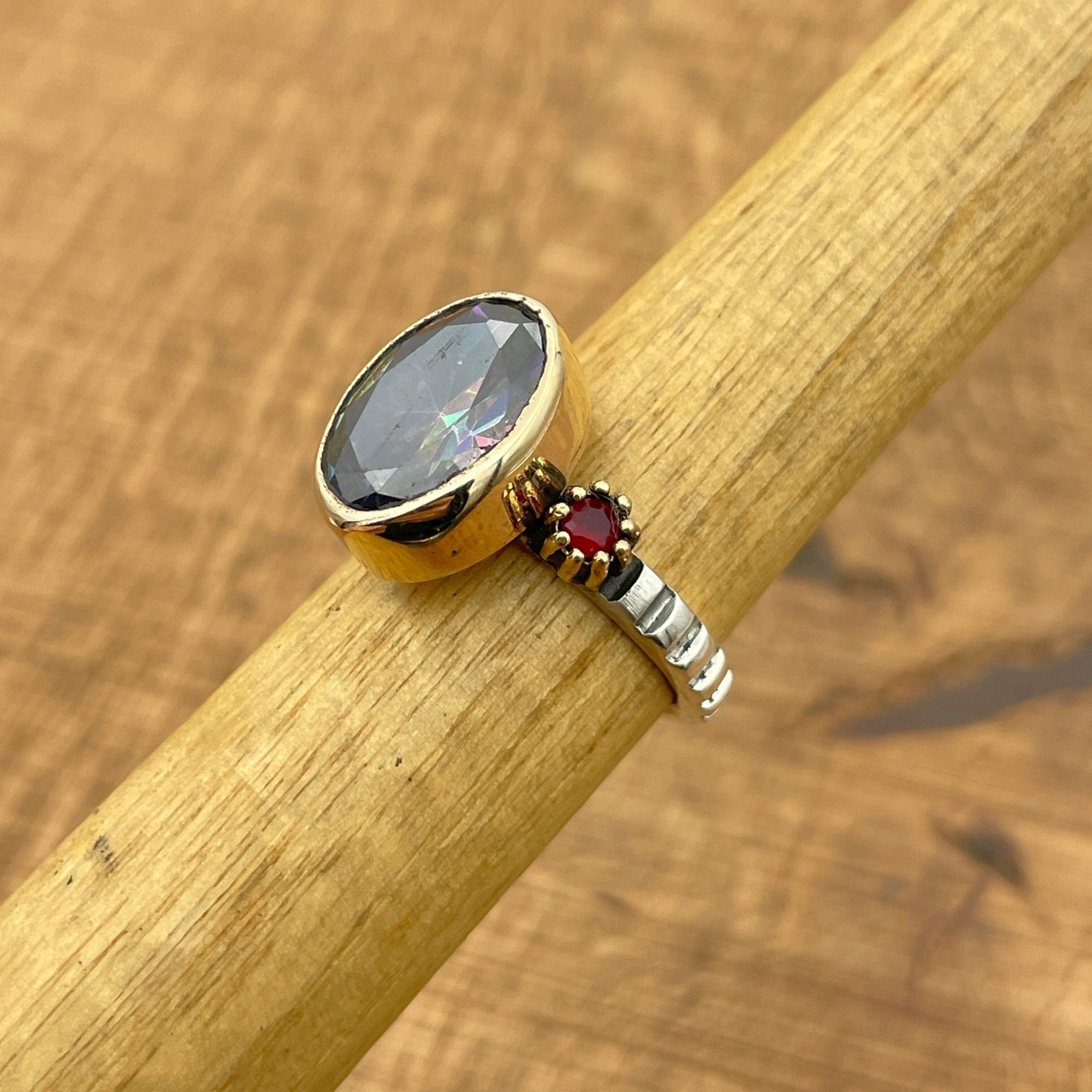 خاتم توباز ميستيك متعدد الألوان مصنوع يدويًا تركي للنساء | فضة استرلينية 925 ولمسة برونزية هدية