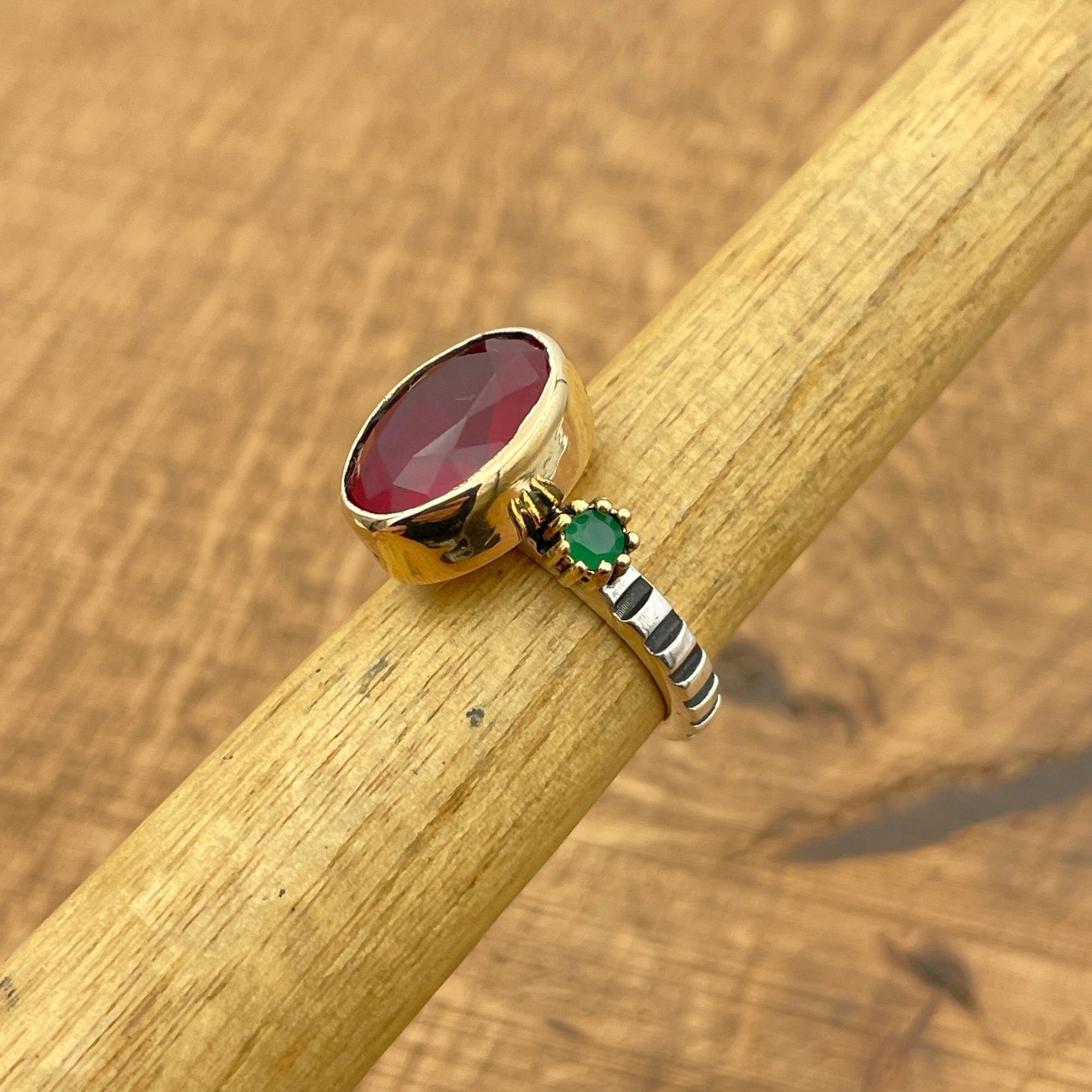 Turkish Handmade Ruby Sterling Silver Ring with Bronze Accents | 925 Sterling Silver Gift for Her