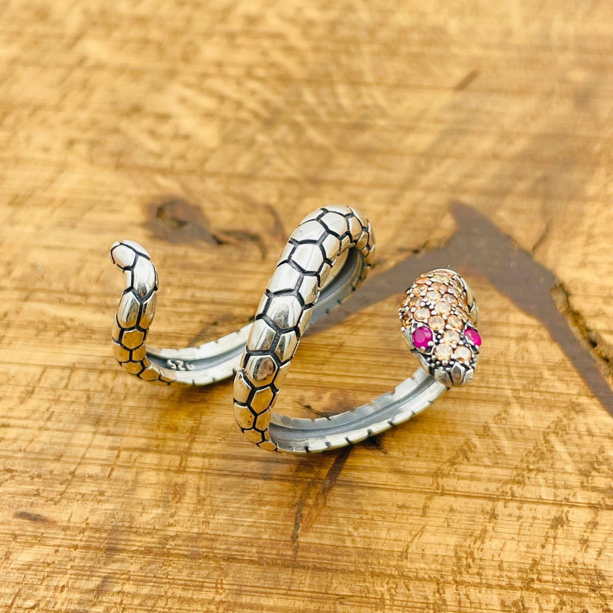 خاتم ثعبان قابل للتعديل من الفضة الإسترلينية 925 التركية الصنع بحجر السترين - هدية جوهرة الثعبان المتألقة