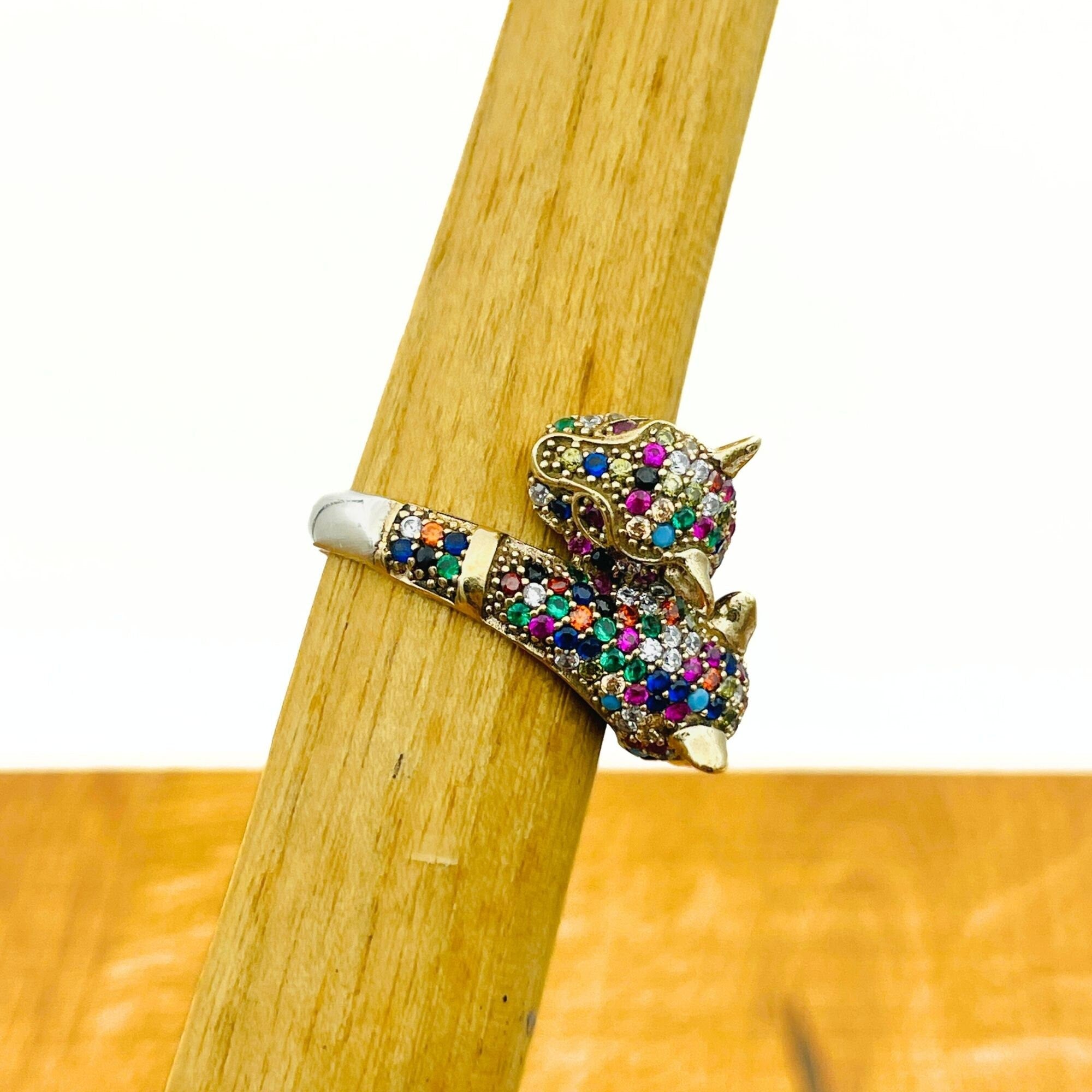 Bague double tigre en argent sterling faite à la main en Turquie avec pierres précieuses multicolores vibrantes