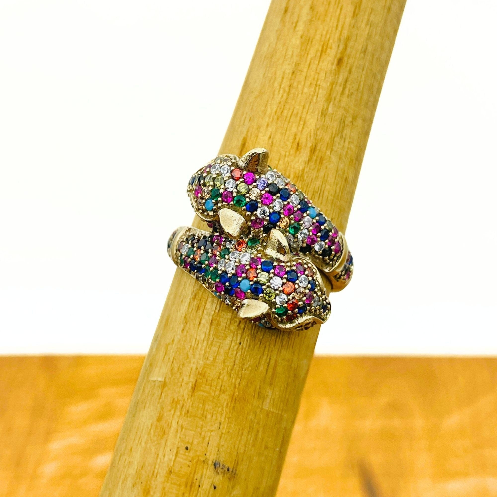 Bague double tigre en argent sterling faite à la main en Turquie avec pierres précieuses multicolores vibrantes