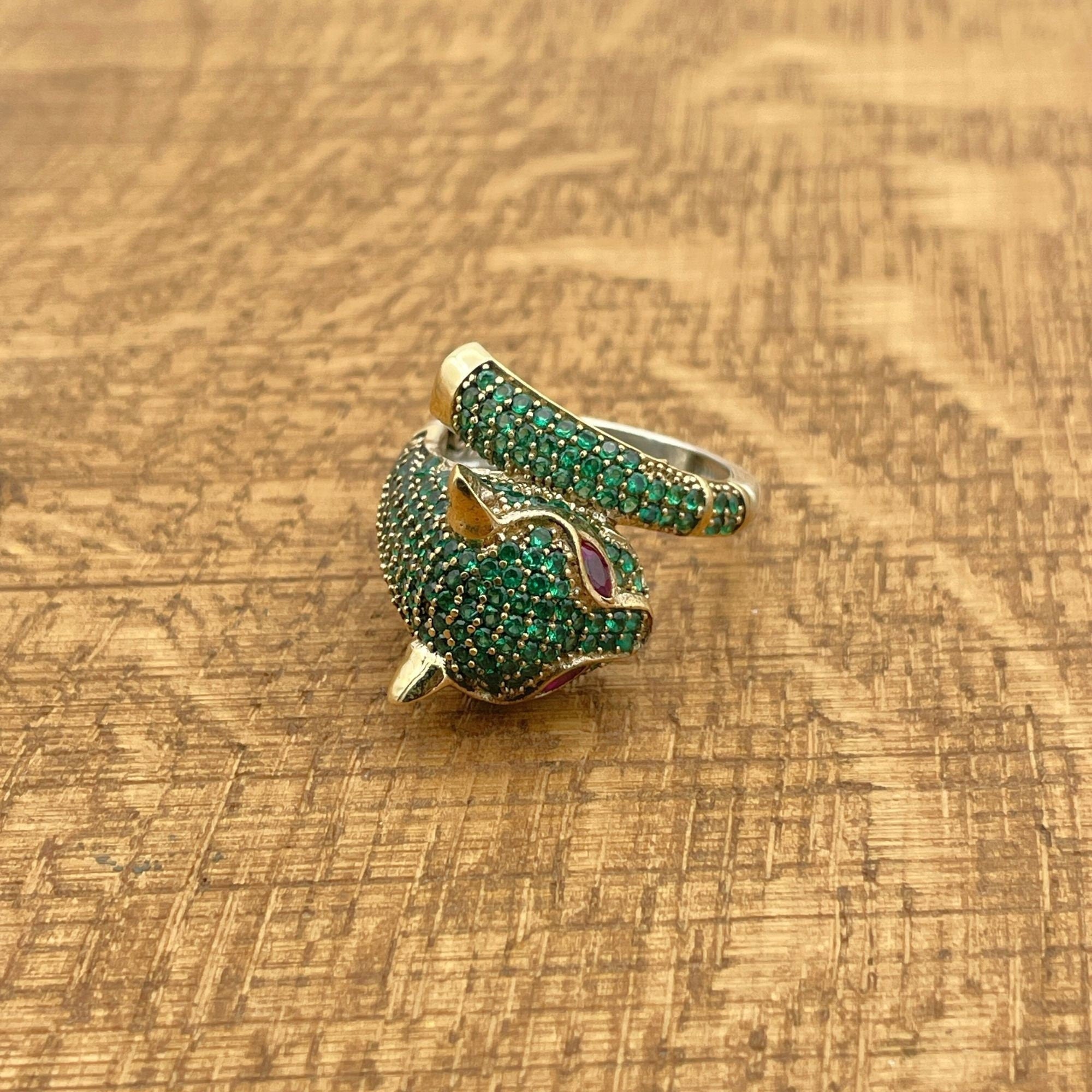 Turkish Handmade 925 Sterling Silver Emerald Tiger Head Ring - Artisan Statement Jewelry Gift