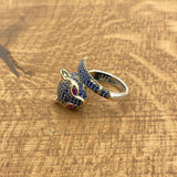 خاتم رأس نمر من الياقوت الأزرق التركي اليدوي الفاخر - مجوهرات حيوانية بيان من الفضة الإسترلينية 925