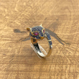 خاتم رأس نمر من الياقوت الأزرق التركي اليدوي الفاخر - مجوهرات حيوانية بيان من الفضة الإسترلينية 925