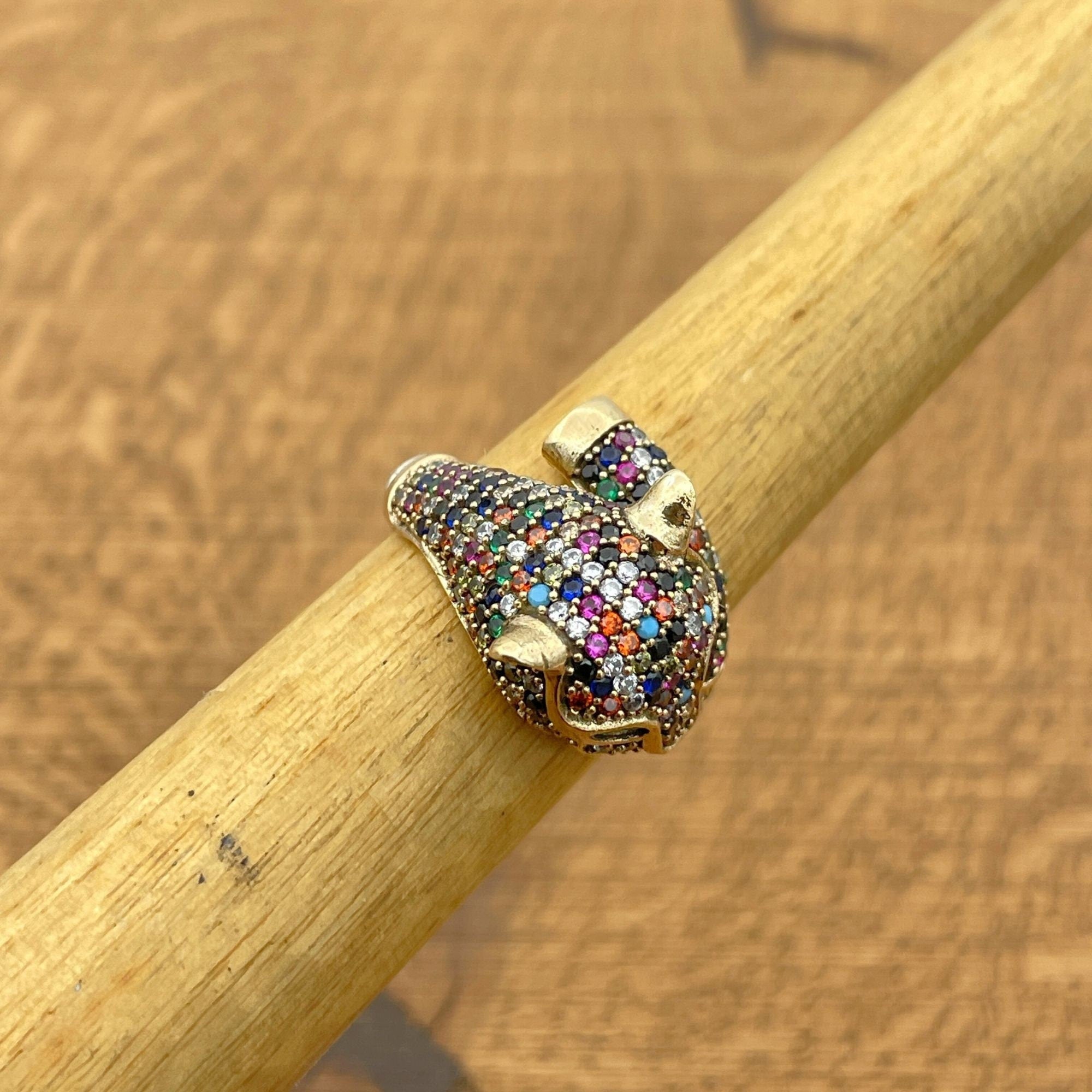 خاتم رأس نمر متعدد الأحجار الزاهية | مجوهرات حيوانات فضة تركية 925 إسترلينغ مصنوعة يدوياً للنساء