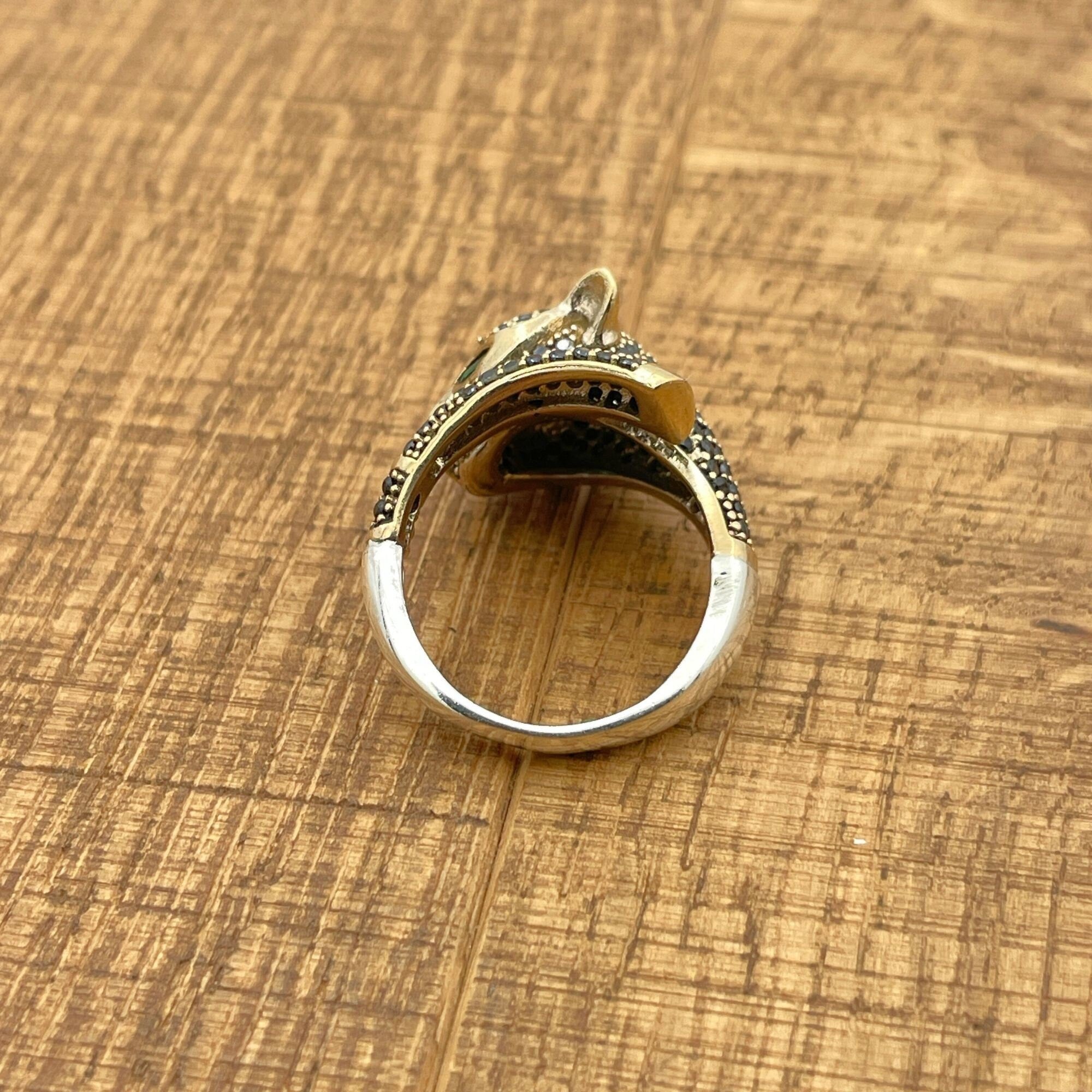 Bague artisanale tête de tigre en onyx noir en argent sterling turc | Bijoux artisanaux unisexes