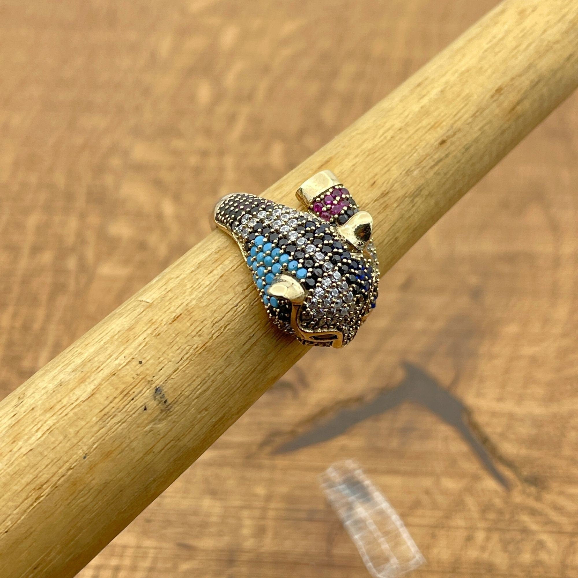 خاتم رأس نمر متعدد الأحجار الزاهية | فضة إسترلينية تركية يدوية الصنع 925 وبرونز