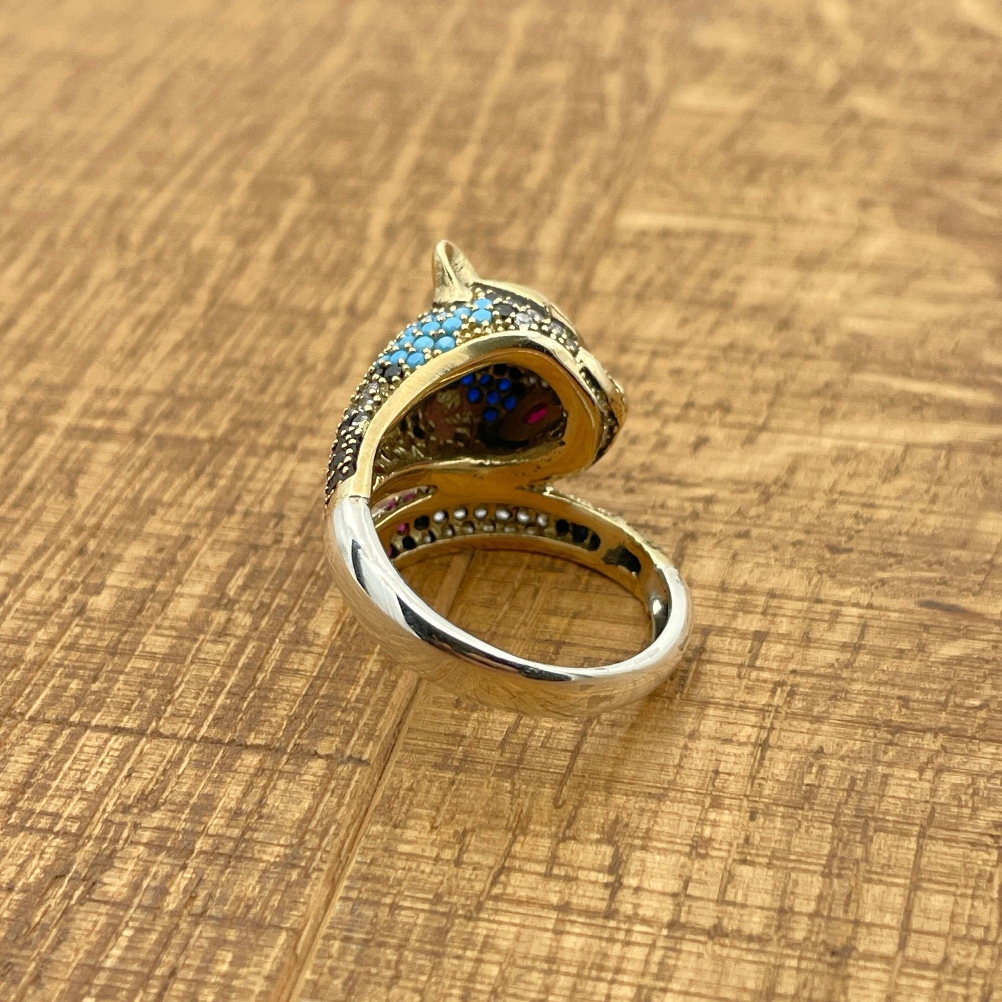 خاتم رأس نمر متعدد الأحجار الزاهية | فضة إسترلينية تركية يدوية الصنع 925 وبرونز