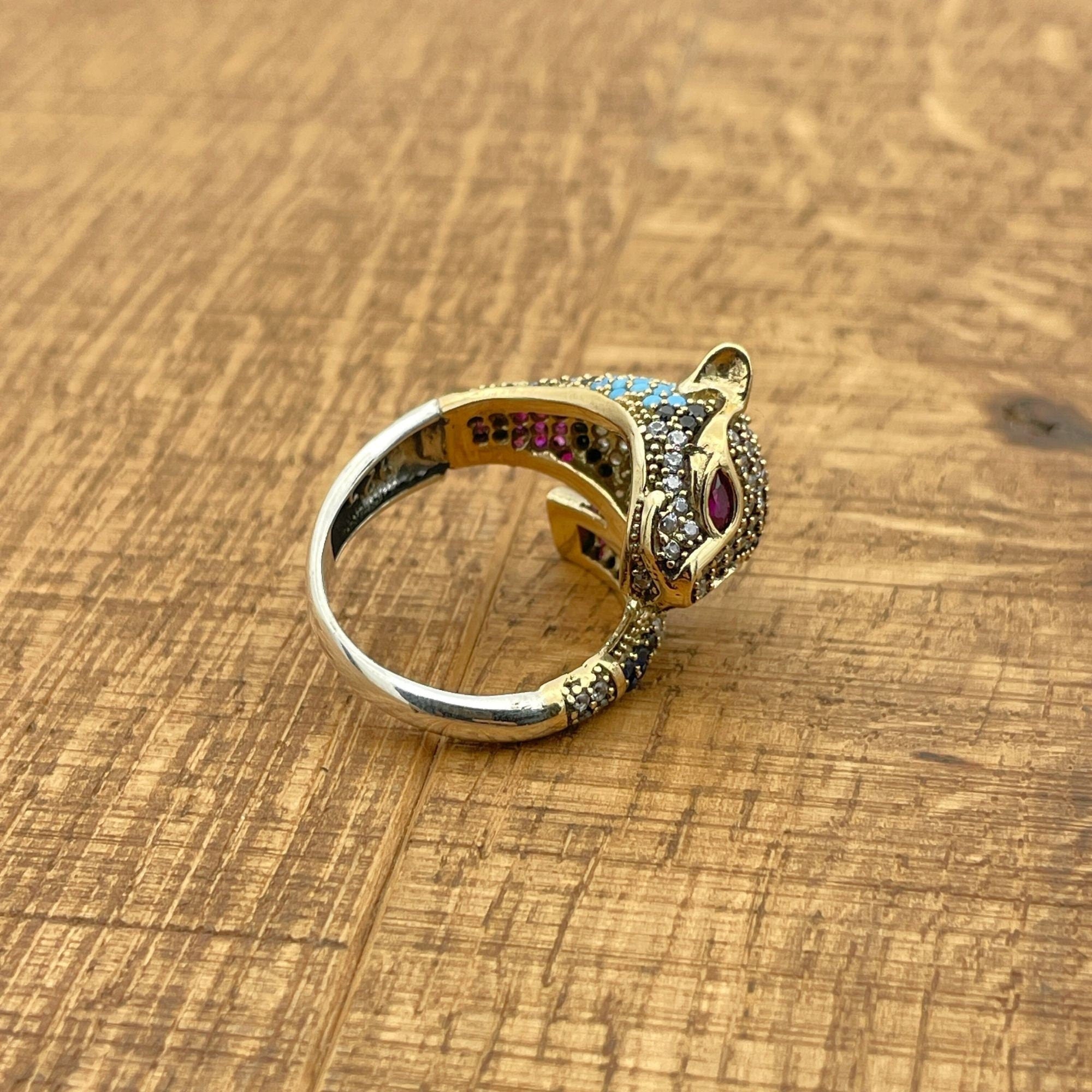 خاتم رأس نمر متعدد الأحجار الزاهية | فضة إسترلينية تركية يدوية الصنع 925 وبرونز