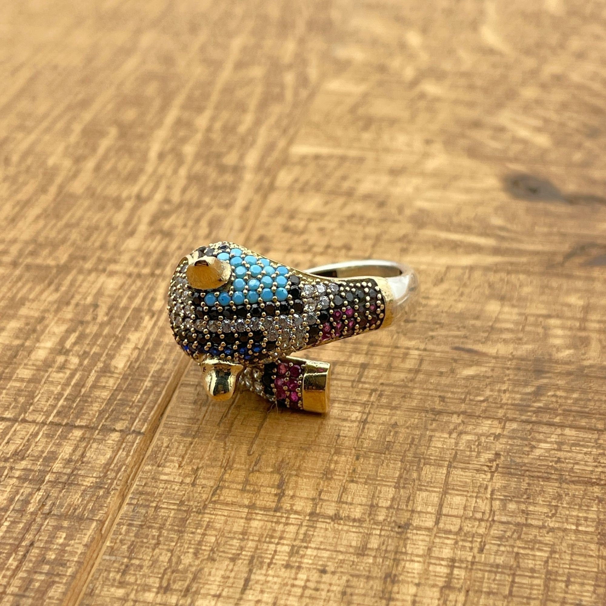 خاتم رأس نمر متعدد الأحجار الزاهية | فضة إسترلينية تركية يدوية الصنع 925 وبرونز