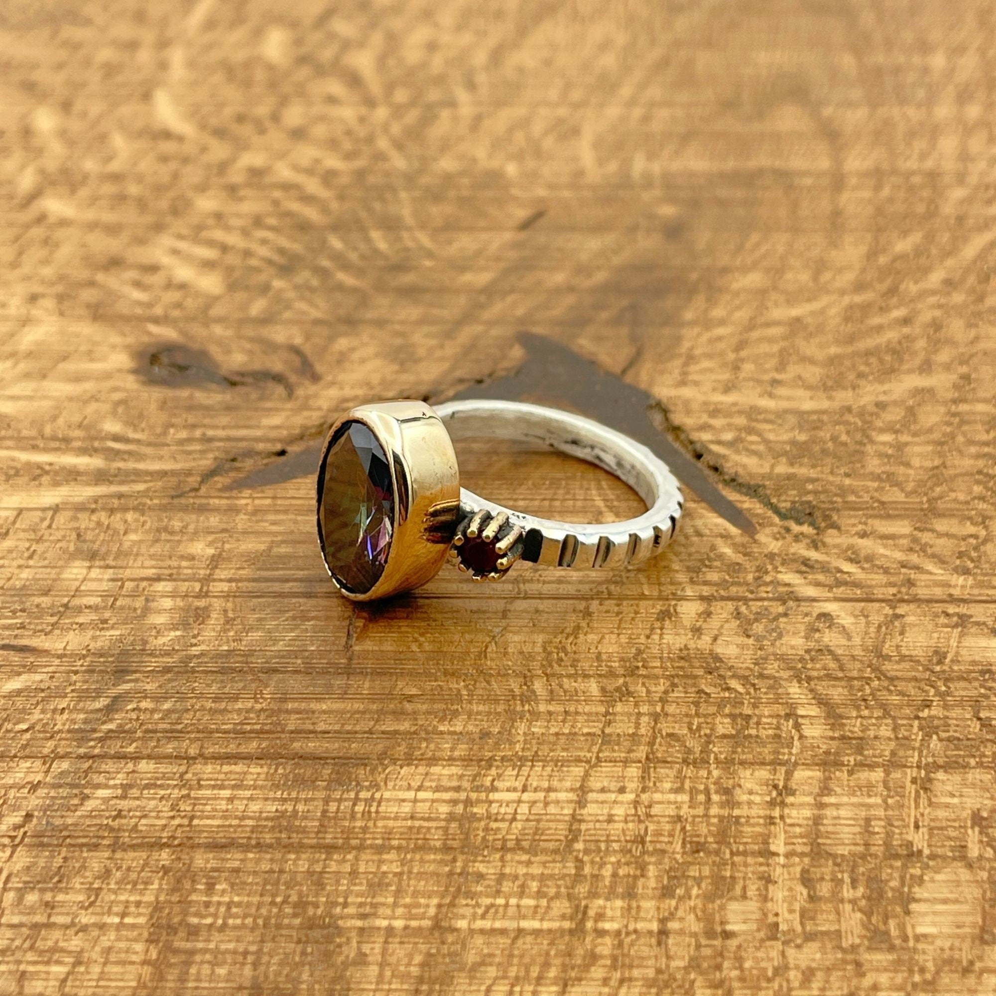 خاتم توباز ميستيك متعدد الألوان مصنوع يدويًا تركي للنساء | فضة استرلينية 925 ولمسة برونزية هدية