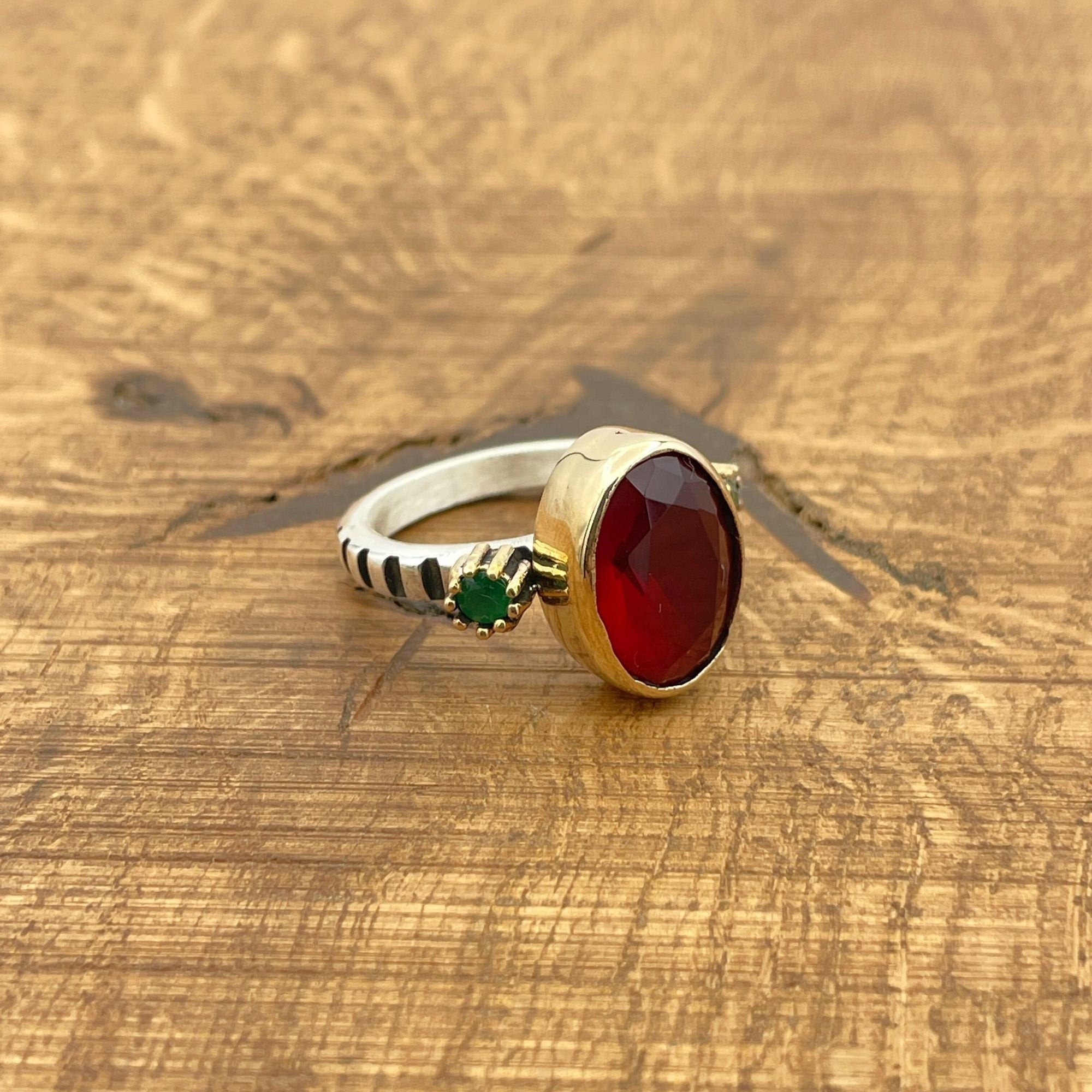 Turkish Handmade Ruby Sterling Silver Ring with Bronze Accents | 925 Sterling Silver Gift for Her