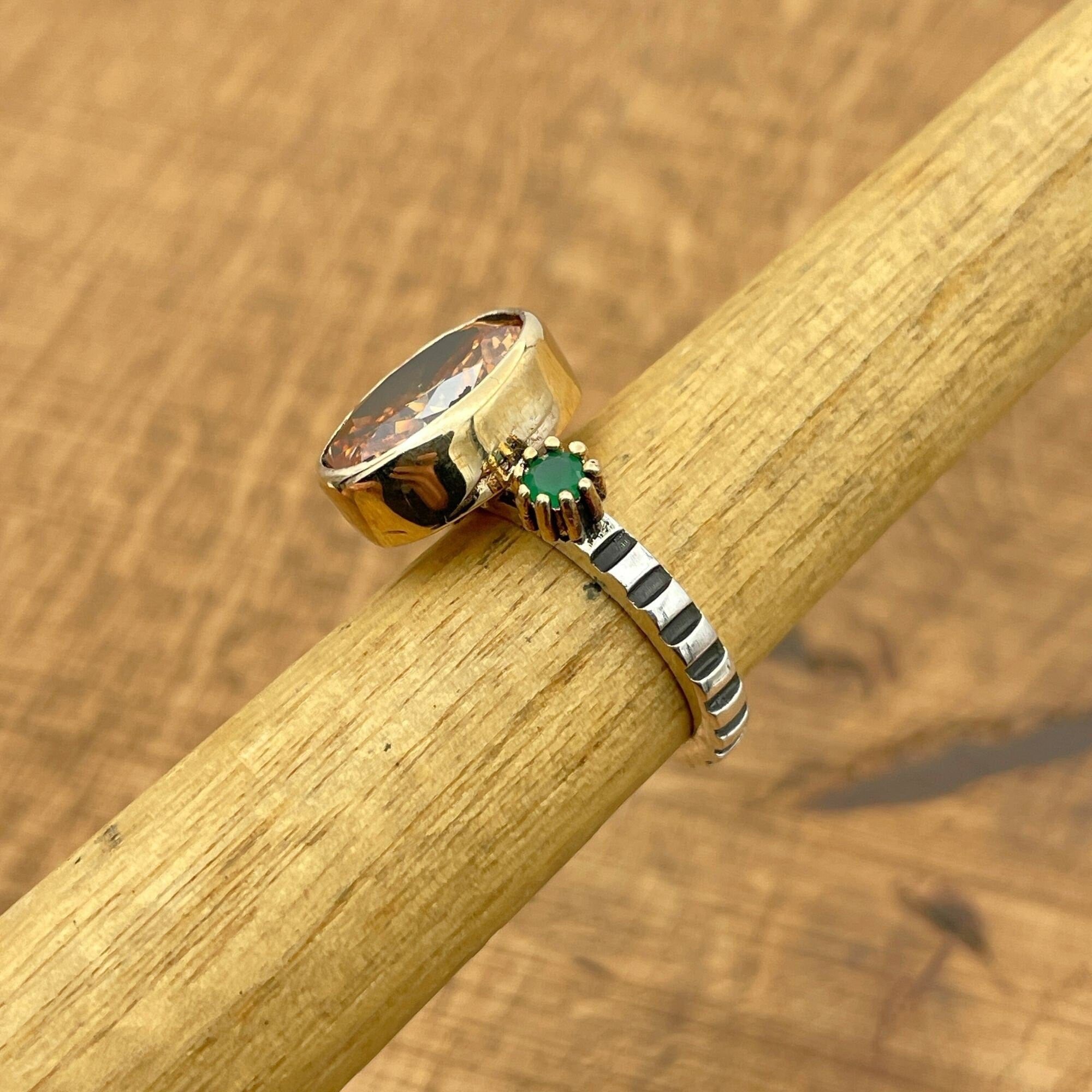 خاتم يدوي الصنع من حجر السترين وفضة استرليني 925 للنساء | هدية مجوهرات فريدة بحجر بروزنيوم مميز