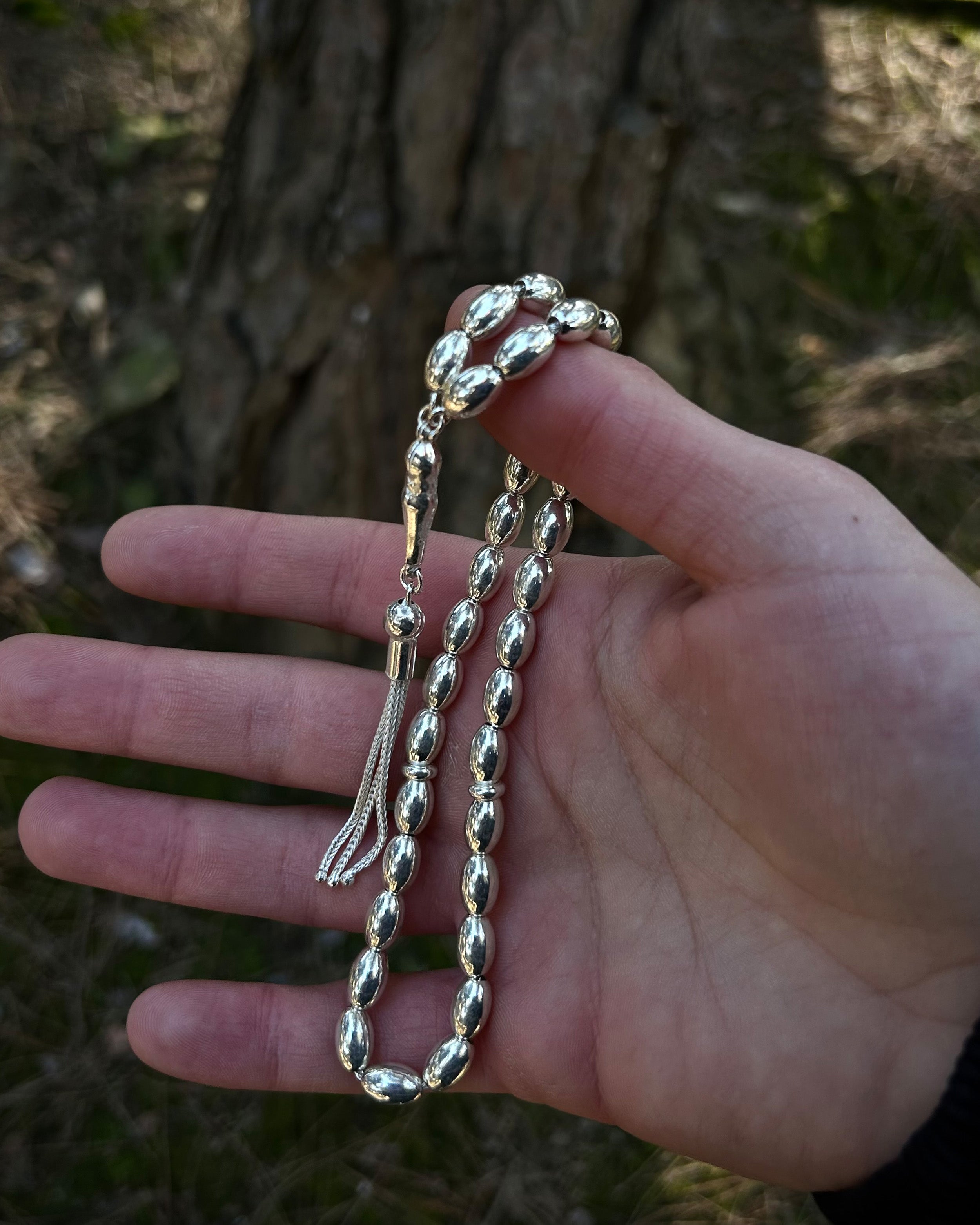 Sterling Silver Oval Prayer Beads - Handcrafted Chain Design