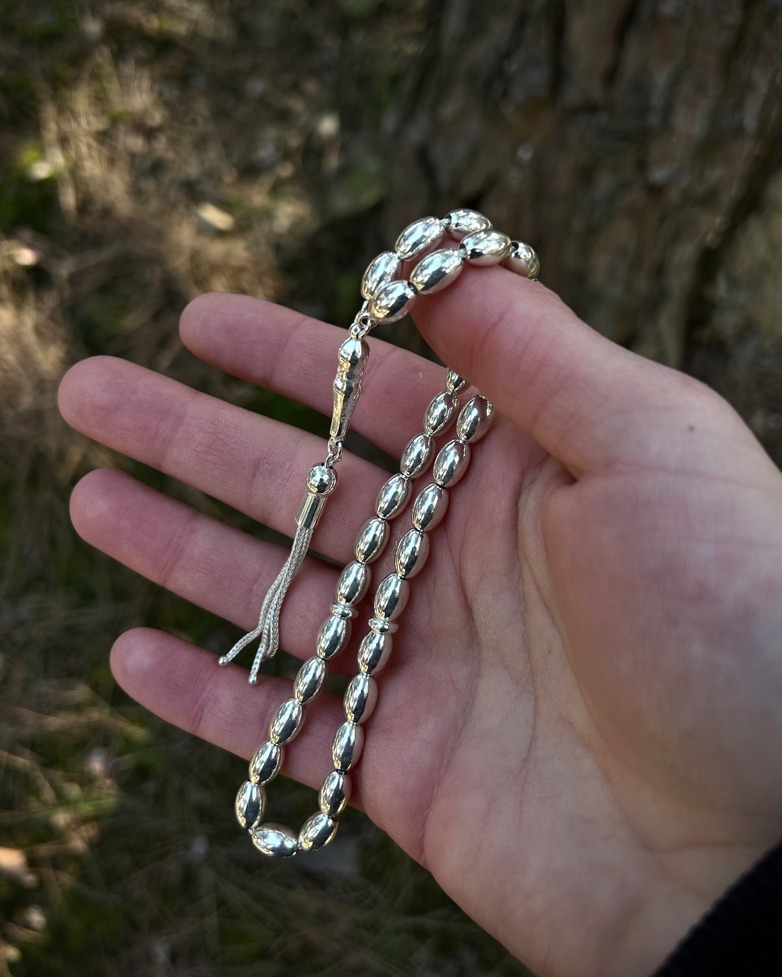 Sterling Silver Oval Prayer Beads - Handcrafted Chain Design