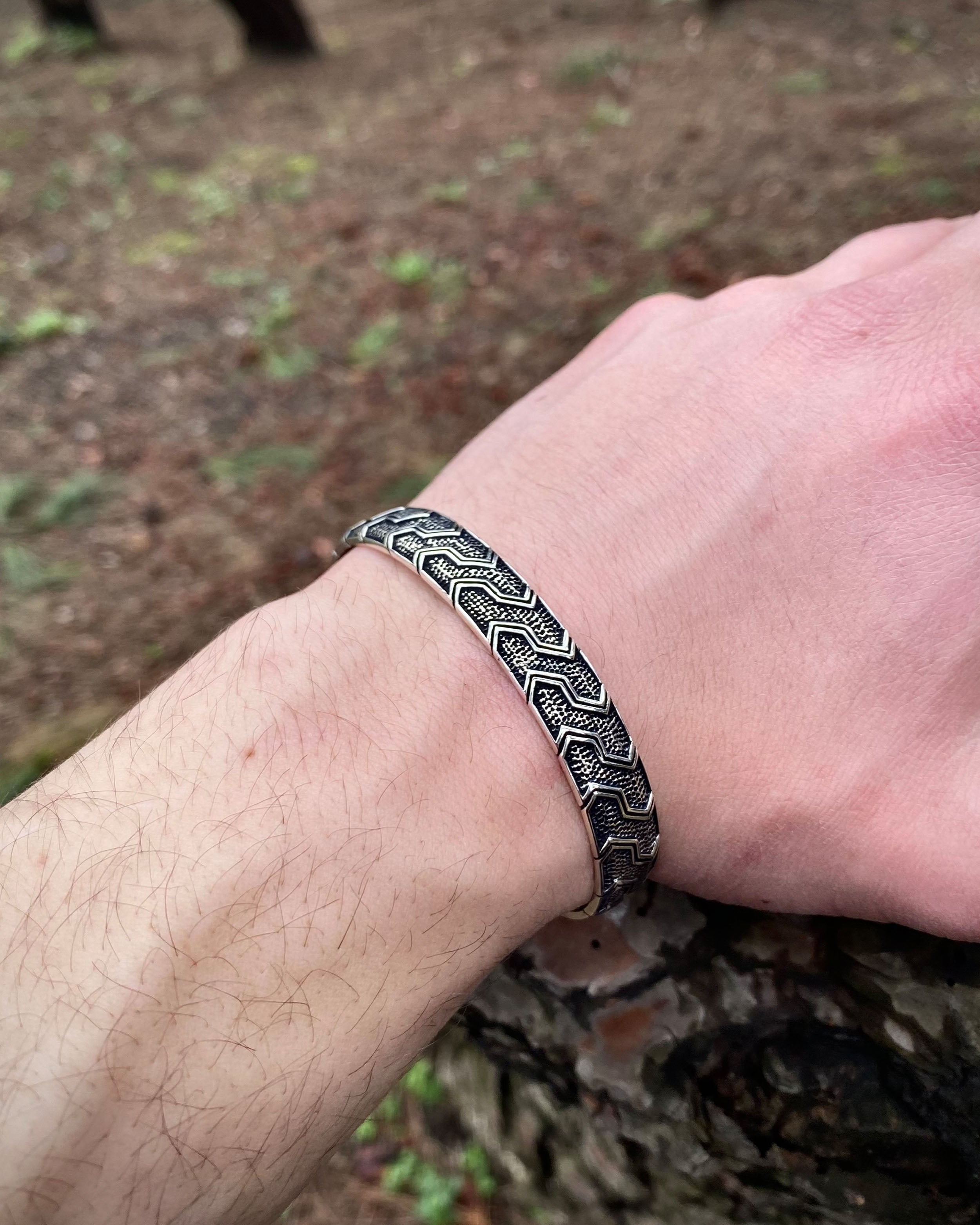 Oxidized Sterling Silver Geometric Cuff Bracelet - Adjustable, Handcrafted