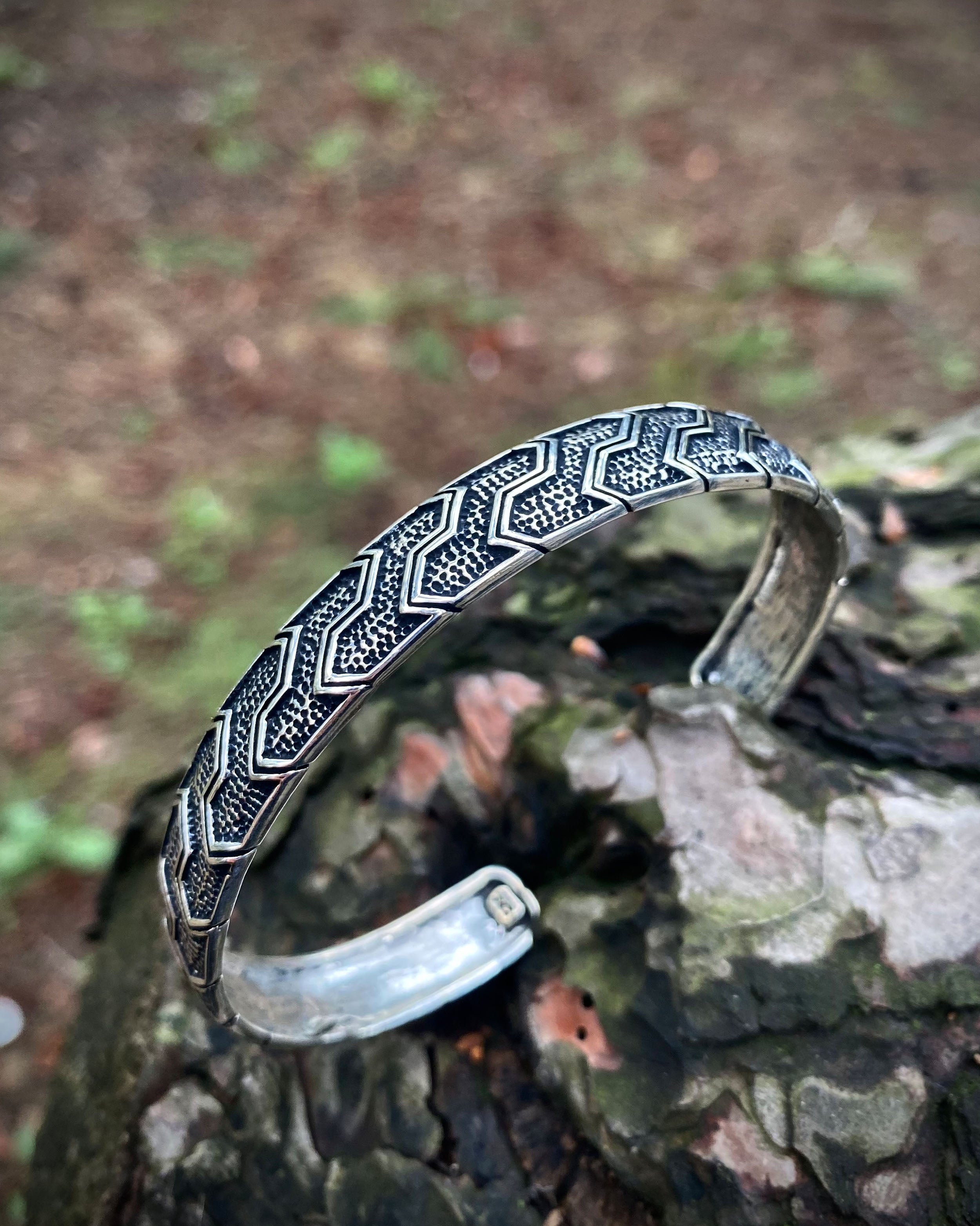 Oxidized Sterling Silver Geometric Cuff Bracelet - Adjustable, Handcrafted