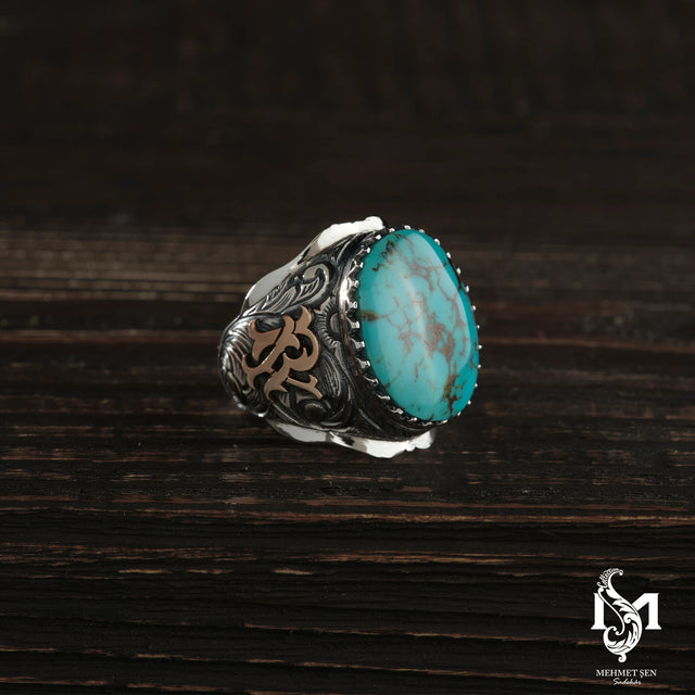 Sterling Silver Men's Ring with Turquoise Stone - Personalized Initial