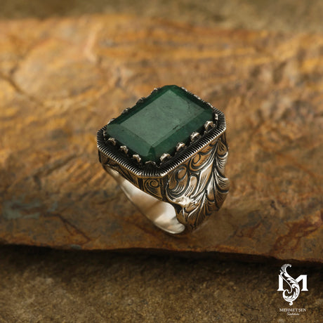 Men's Sterling Silver Ring - Distinctive Natural Emerald
