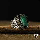 Men's Sterling Silver Ring - Distinctive Natural Emerald