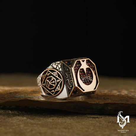 Sterling Silver Men's Ring - Crescent & Star with Engraved Script