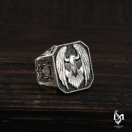 Sterling Silver Men's Ring - Symbolic Eagle & Wolf Motif