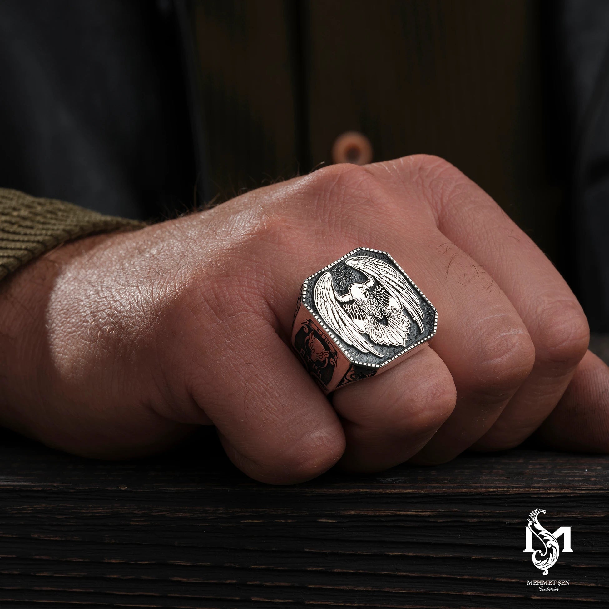 Sterling Silver Men's Ring - Symbolic Eagle & Wolf Motif