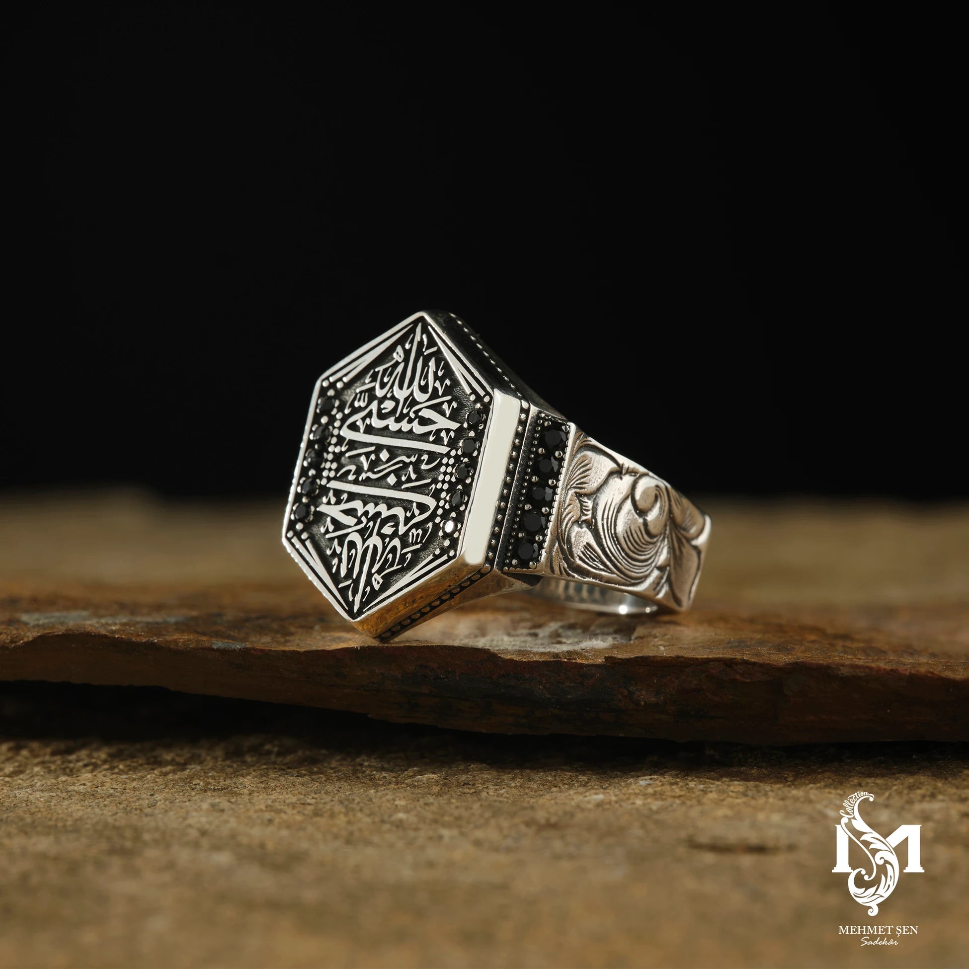 Men's Hexagonal Ring - Sterling Silver Divine Inscription