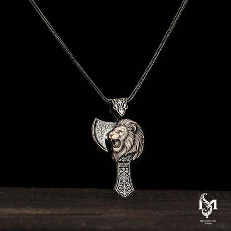 Sterling Silver Men's Necklace - Bold Lion Head Axe Pendant
