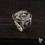 Sterling Silver Men's Ring - Symbolic Eagle & Wolf Motif