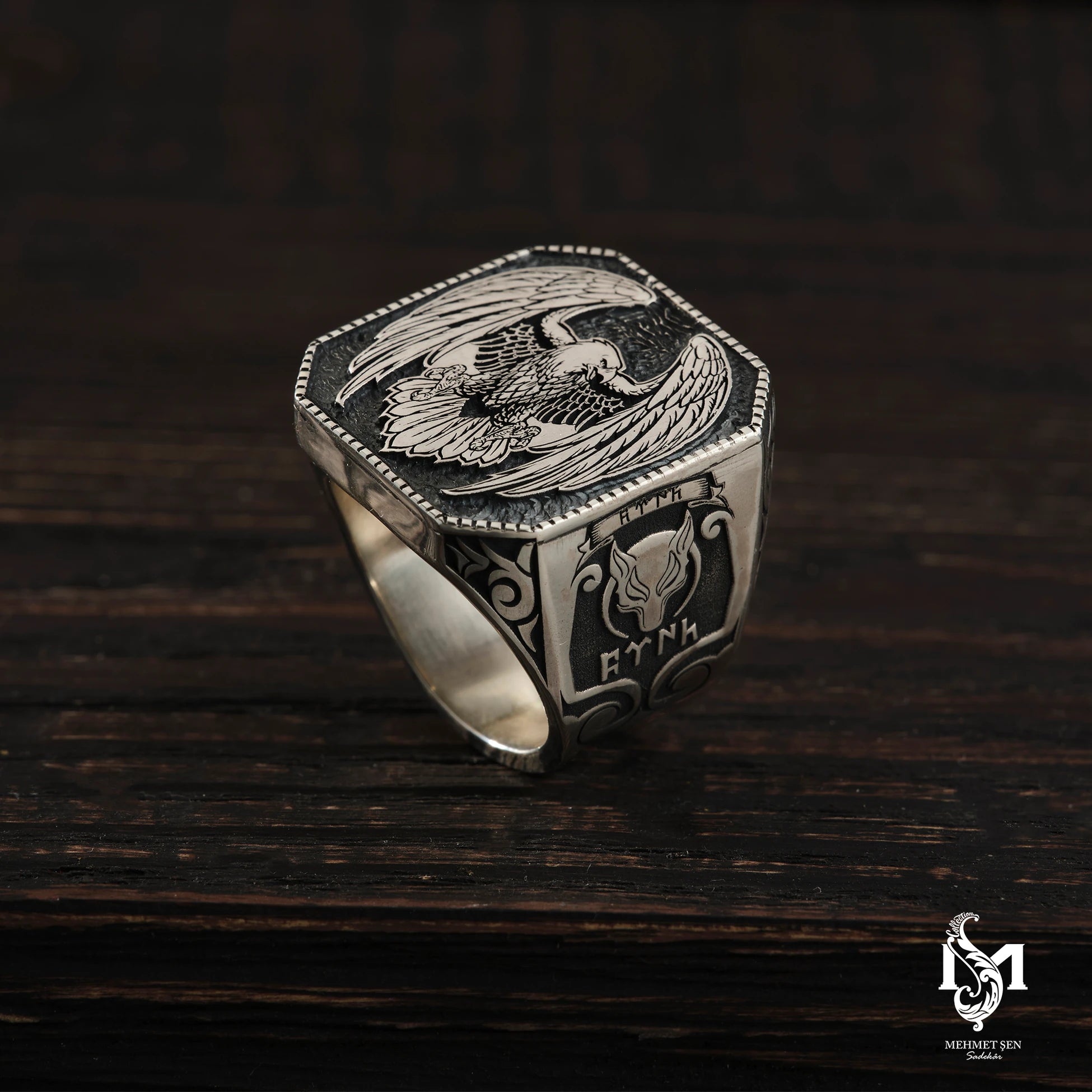 Sterling Silver Men's Ring - Symbolic Eagle & Wolf Motif