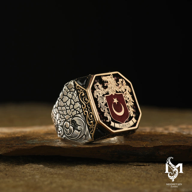 Sterling Silver Men's Ring - Bold Grey Wolf & Crescent Star Design