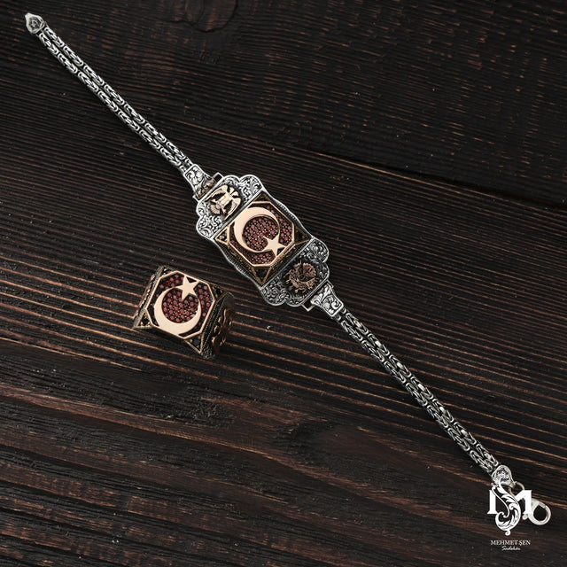 Sterling Silver Men's Moon Star Emblem Jewelry Set