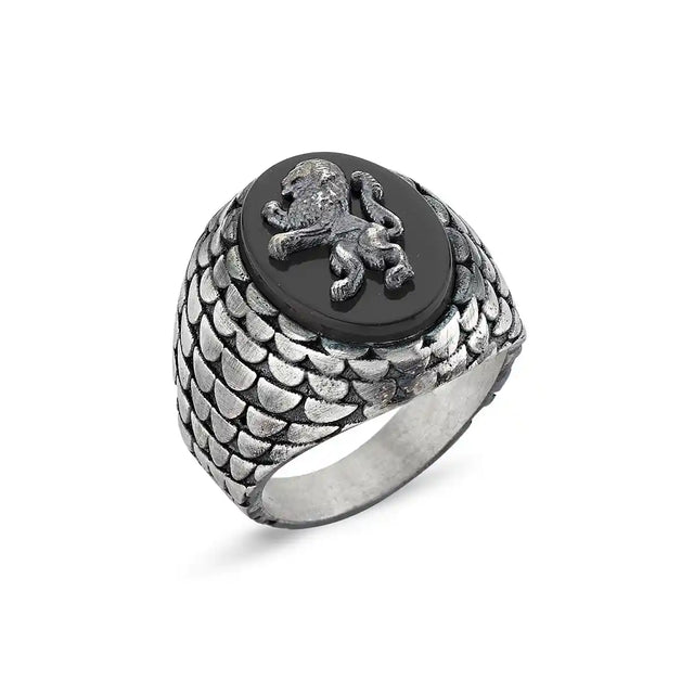 Sterling Silver Onyx Lion Ring - Majestic Statement Design