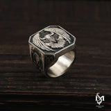 Sterling Silver Men's Ring - Symbolic Eagle & Wolf Motif